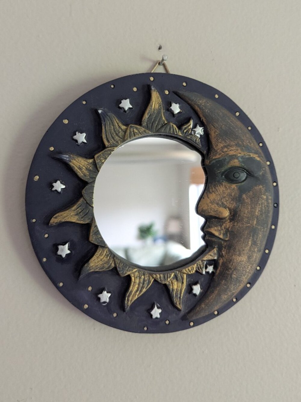Vintage 90s 6" celestial mirror sun moon and stars handpainted